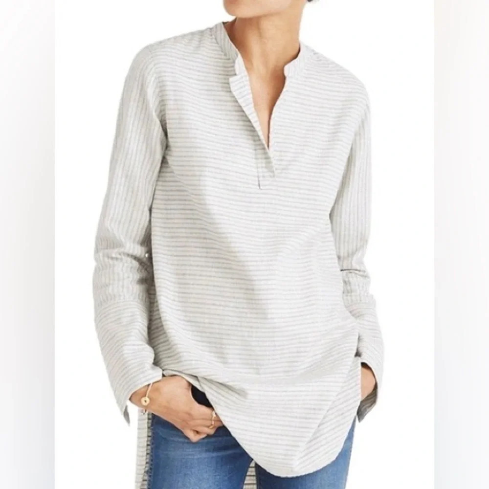Madewell Split Cuff Cotton Striped Tunic in Weathered Concrete - Size Small